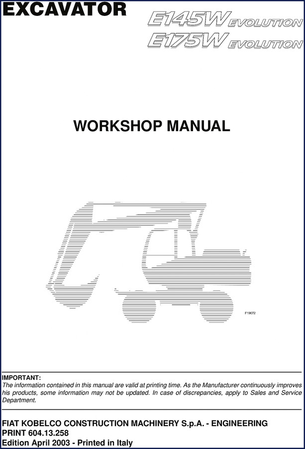 FIAT Kobelco E175W 2003 workshop manual cover showing excavator diagram and model designation