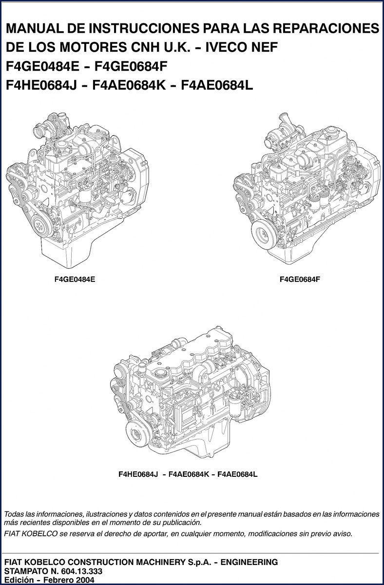 FIAT Kobelco F4GE0484E Workshop Manual cover showing engine models and 2004 edition - 296 pages
