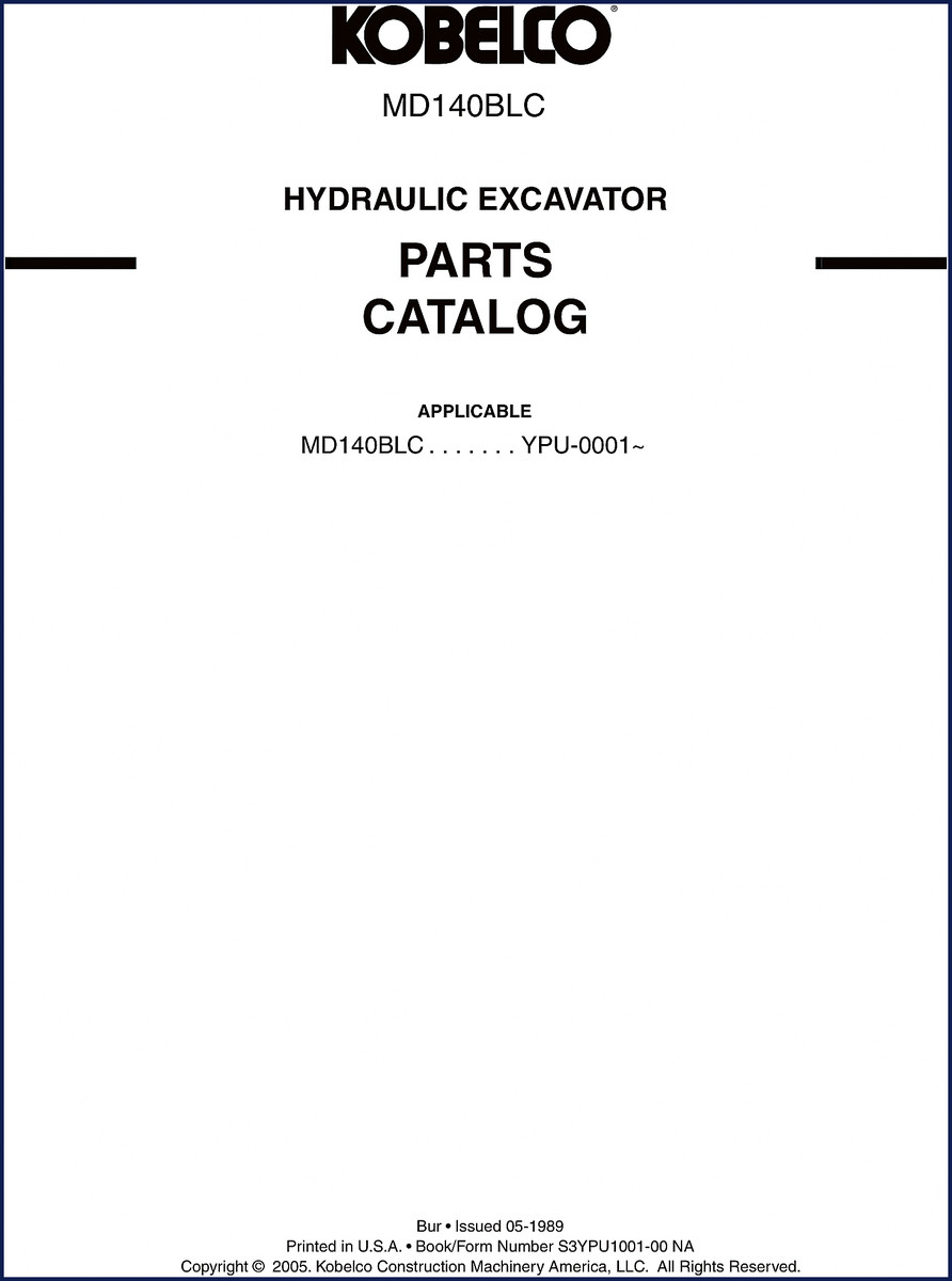 FIAT Kobelco MD140BLC 1989 Parts Catalog cover page showing model and serial number range