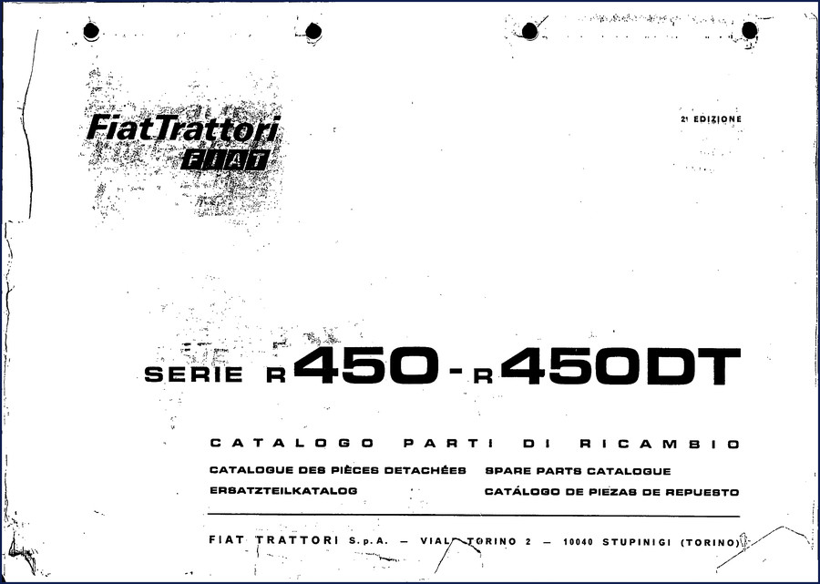 FIAT Kobelco R450DT parts catalog front cover showing model numbers and multi-language title