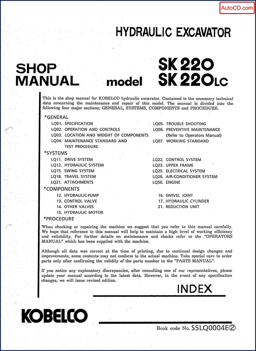 FIAT Kobelco SK 220 SK 220LC Workshop Manual cover - 1102 page OEM factory manual
