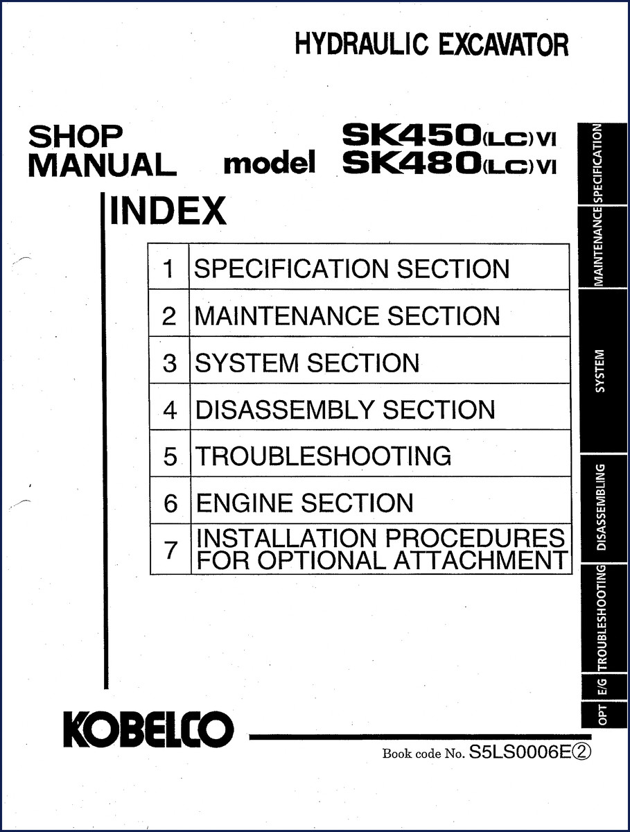 FIAT Kobelco SK450 SK480 workshop manual cover with index and spec section