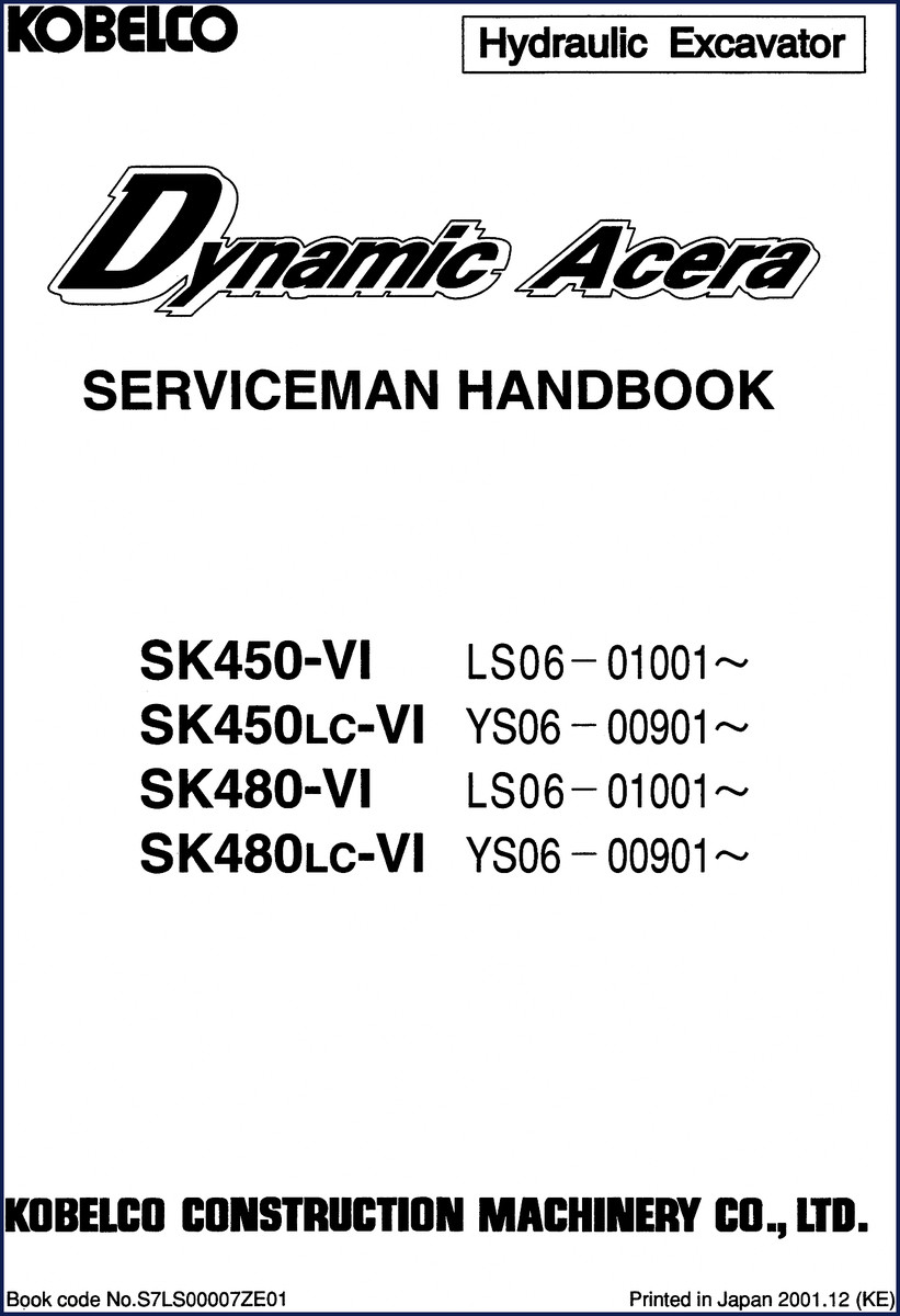 FIAT Kobelco SK450-VI 2001 Service Manual cover page showing Dynamic Acera excavator with OEM handbook