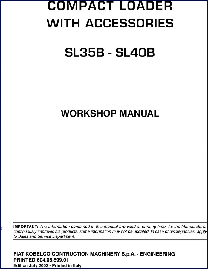 2002 FIAT Kobelco SL35B SL40B Workshop Manual cover - factory compact loader repair guide