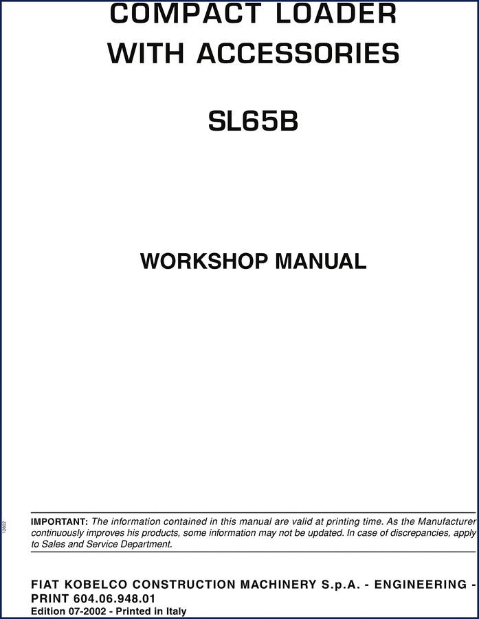 FIAT Kobelco SL65B 2002 Workshop Manual cover - OEM factory service manual for backhoe loader