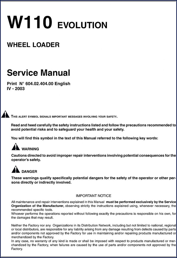 FIAT Kobelco W110 2003 Wheel Loader Service Manual cover - OEM factory documentation