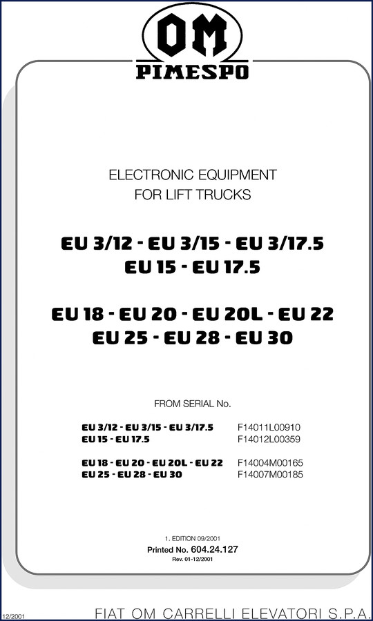 FIAT OM Carrelli Elevatori EU 3/12-EU 17.5 2001 Technical Manual cover page showing forklift silhouette and model numbers