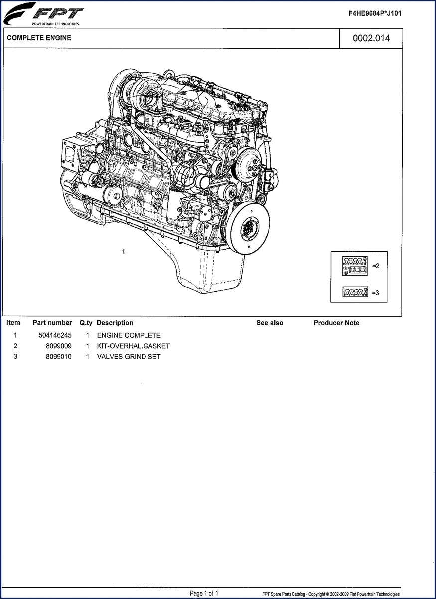 Fiat Powertrain Technologies F4HE9684P 2009 Parts Catalog cover page showing engine assembly diagram