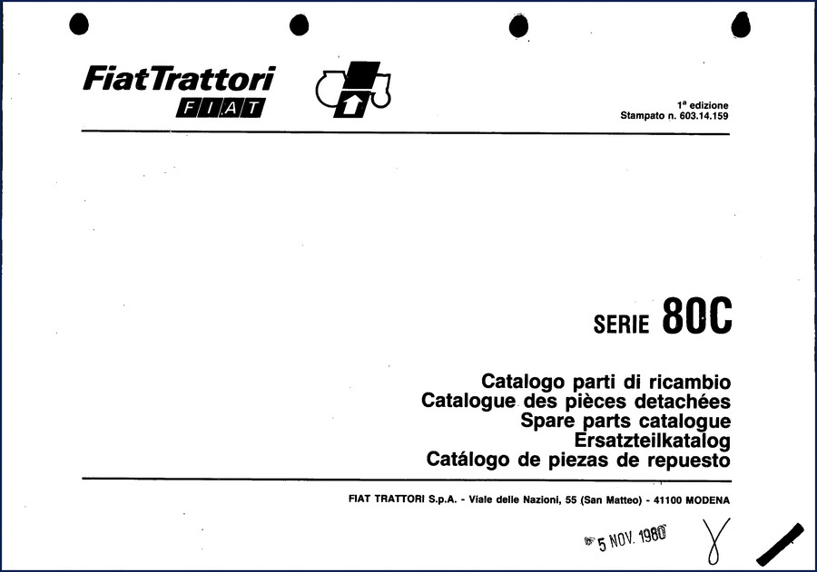 Fiatallis 80C 1980 Parts Catalog cover showing OEM factory manual with Fiat Trattori logo