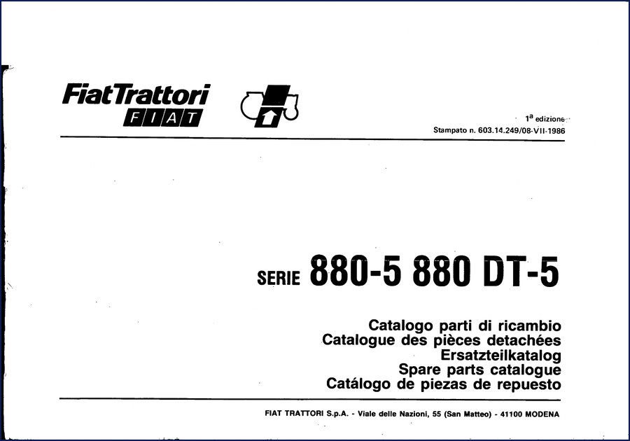 Fiatallis 880-5 and 880 DT-5 1986 Parts Catalog cover showing Fiat Trattori logo