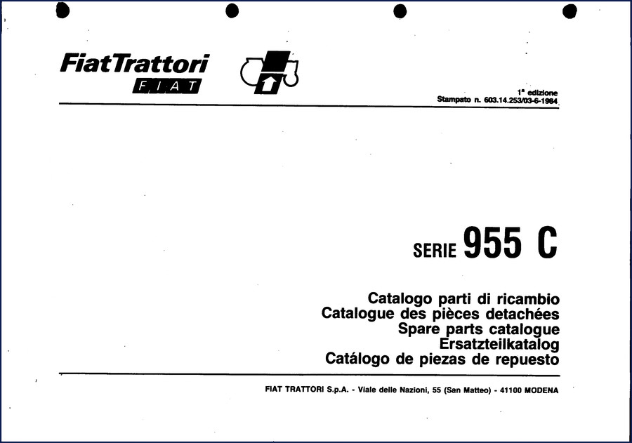 Fiatallis 955 C 1984 Parts Catalog cover showing orange paper model list and multilingual headings