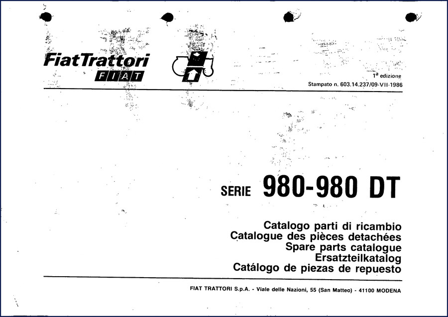 Fiatallis 980 DT 1986 Parts Catalog cover page – OEM factory parts manual from Fiat Trattori
