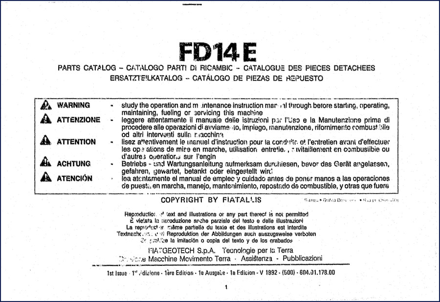 Fiatallis FD14E 1992 Parts Catalog cover showing multilingual title and warning label