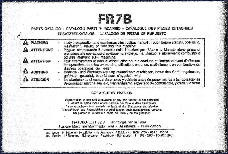 Fiatallis FR7B 1988 Parts Catalog – factory OEM document cover
