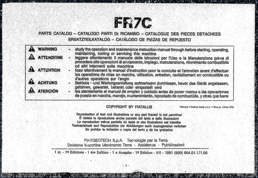 1991 Fiatallis FR7C Parts Catalog cover - OEM factory manual for construction equipment