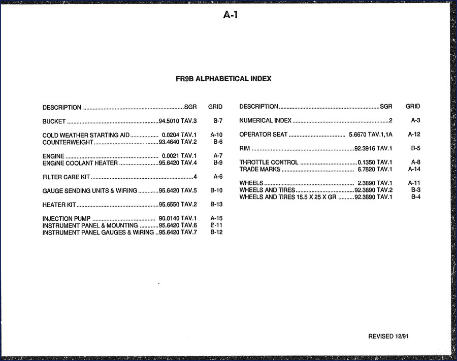 Fiatallis FR9B 1991 Parts Catalog 28-page OEM manual cover