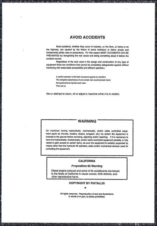 Fiatallis FX 210 1995 Parts Catalog cover and safety page