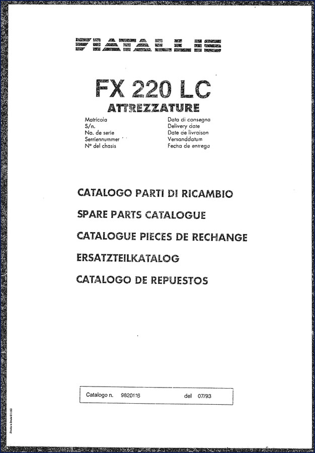 Fiatallis FX 220 LC 1993 Parts Catalog cover showing excavator and part number diagram