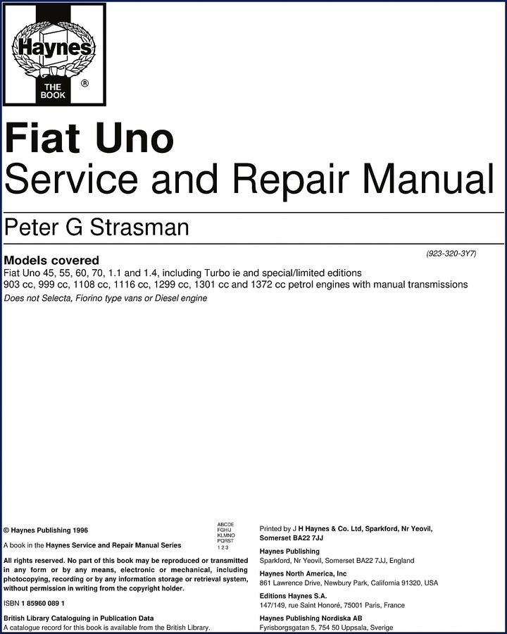 Fiatallis Uno 70 1996 repair manual cover showing factory specifications for Uno 45, 55, 60, 70 models