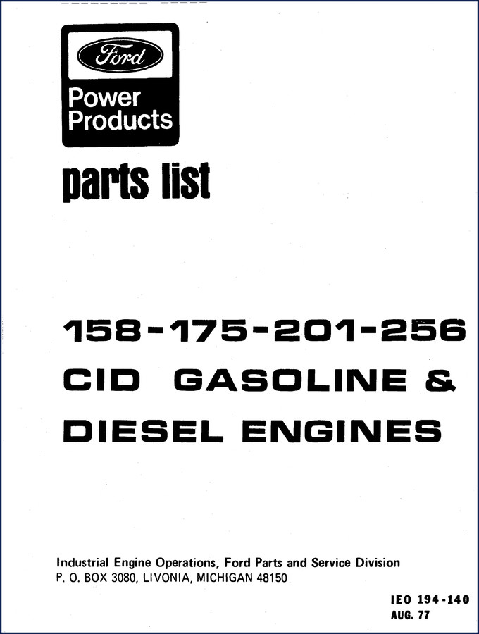 1977 Ford 158-175-201-256 CID gasoline and diesel engine parts catalog cover page showing Ford Power Products logo