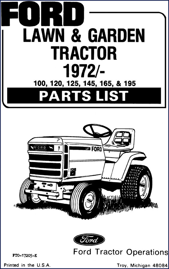 1972 Ford 100-165 Parts Catalog cover showing Ford Lawn & Garden Tractor parts list FTO-17205-K