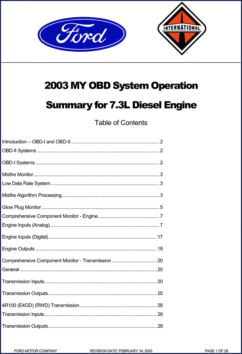 2003 Ford 7.3L Diagnostics Manual cover showing OBD system summary