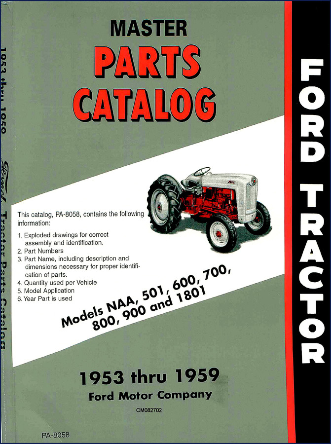 Ford 800 tractor parts catalog cover showing exploded engine diagram - 1953-1959 Ford NAA 501 600 700 800 Parts Catalog