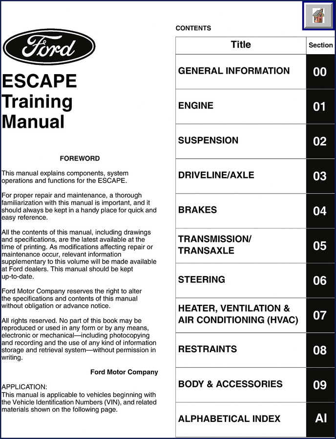 Ford ESCAPE Training Manual cover page showing 436-page factory training document for Ford Escape models