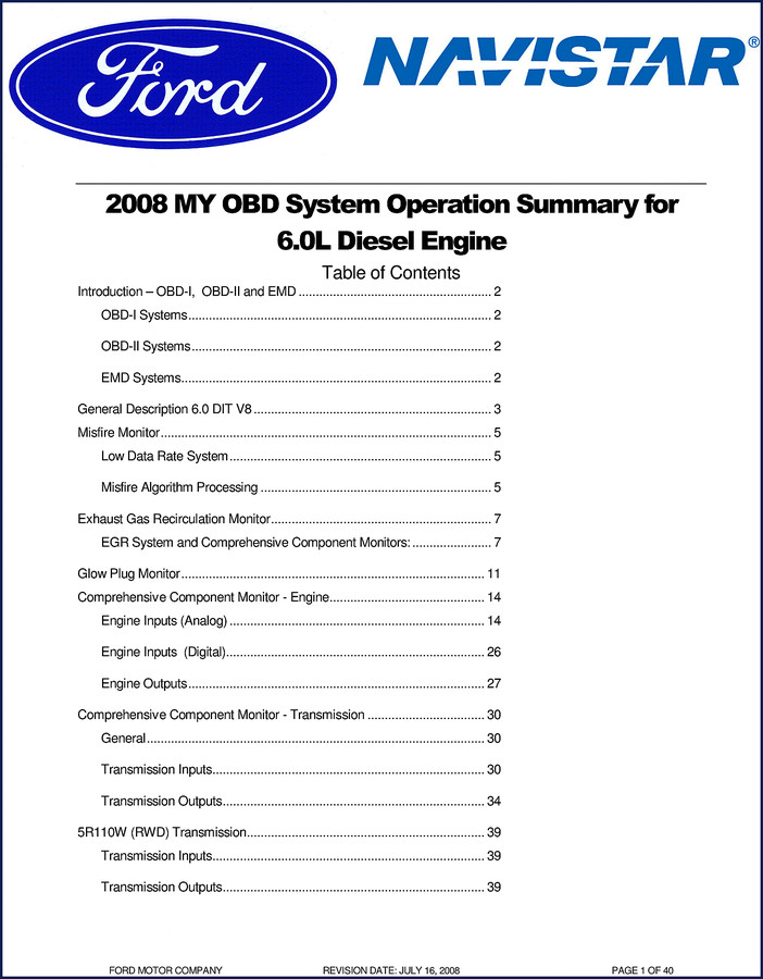 2008 Ford 6.0L Diesel OBD Diagnostics Manual cover page