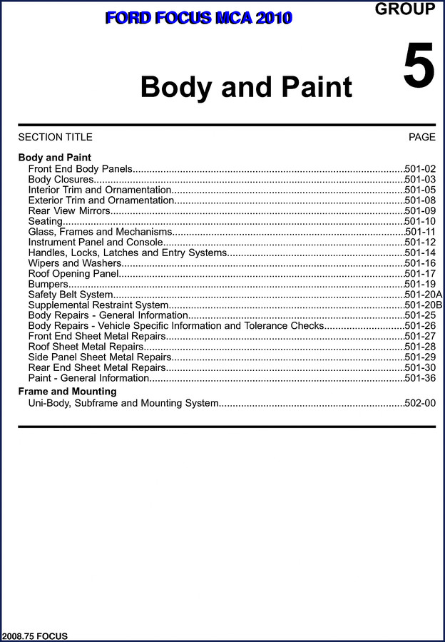 2010 FORD Focus Workshop Manual cover showing OEM factory documentation for body and paint sections
