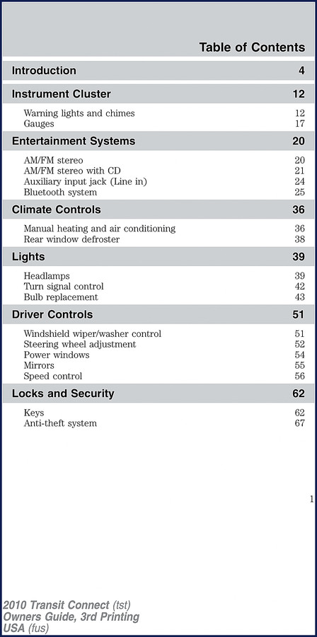 FORD Motor Transit Connect 2009 User Manual cover page showing Transit Connect van dashboard and gauges