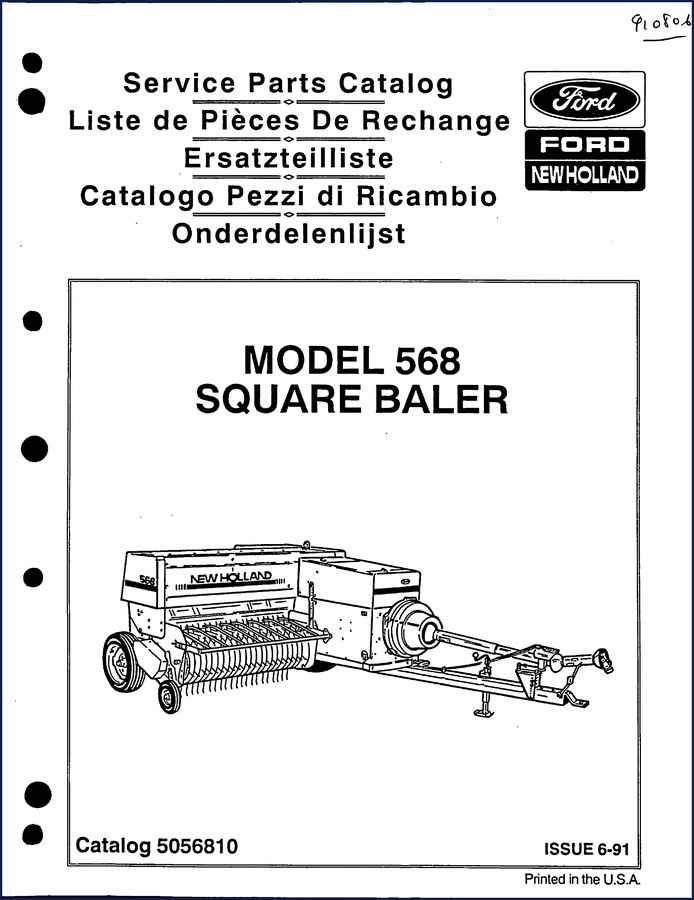 1991 Ford New Holland 568 Square Baler Parts Catalog cover page