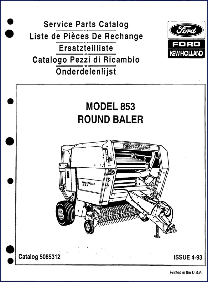 Ford New Holland 853 1993 Parts Catalog front cover showing round baler and model number