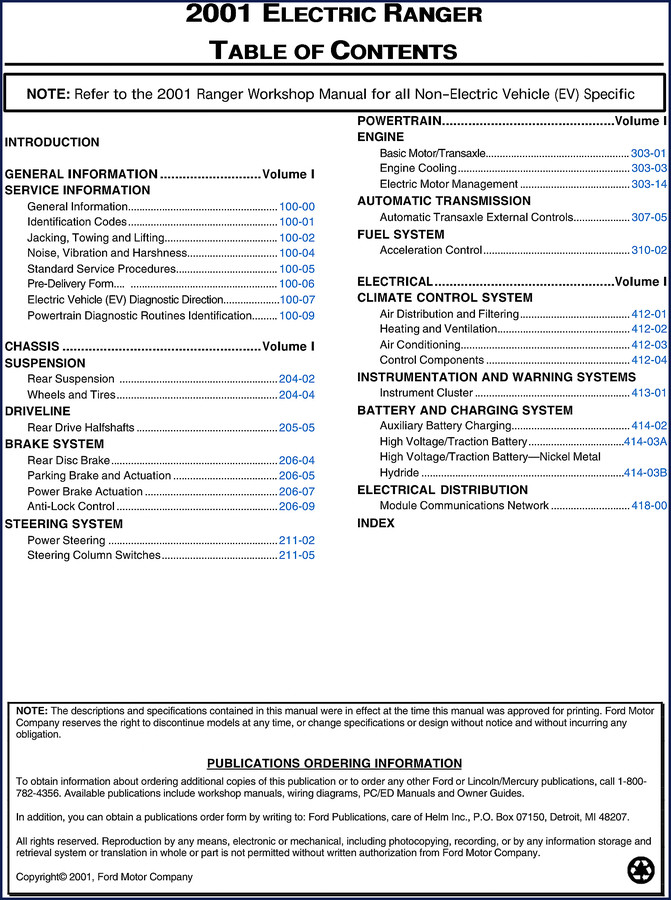 Ford Ranger 2001 Workshop Manual cover page showing factory service specifications