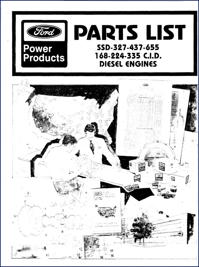Ford SSD-327 parts catalog cover showing diesel engine illustration and model numbers LSG-423, SSD-437, SSD-655, SSD-681