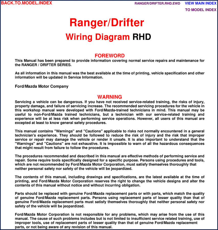 Fordmazda Ranger Drifter 1999 Wiring Diagram cover - factory OEM electrical manual