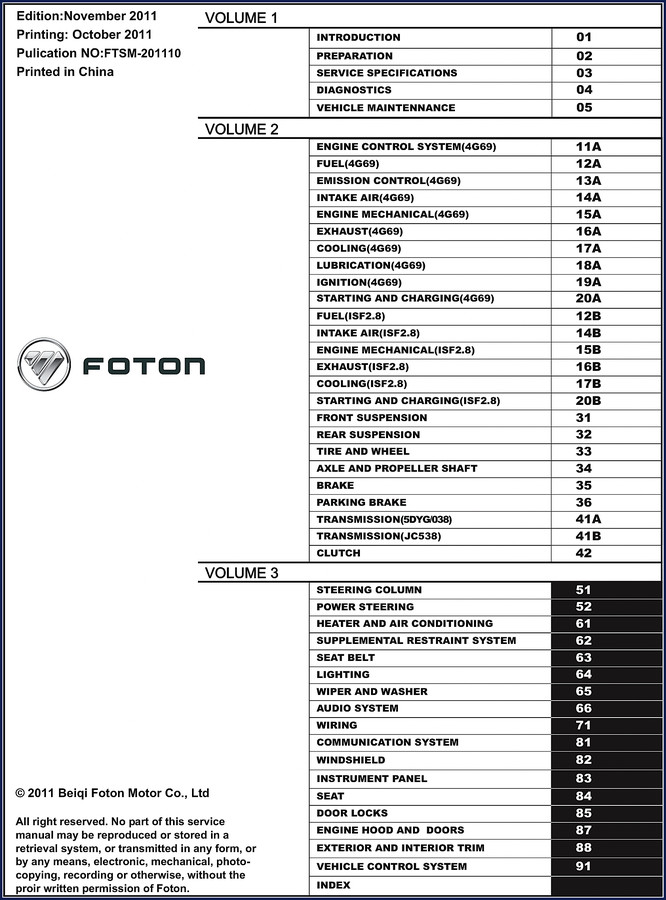 Foton 4G69, ISF2.8, JC538 2011 Technical Manual – 914 pages, OEM factory shop manual cover