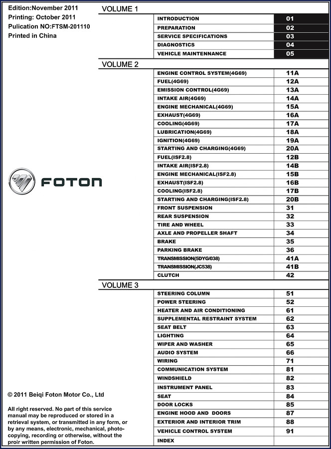 Foton 4G69 and ISF2.8 2011 Service Manual cover showing factory documentation for engine and transmission systems