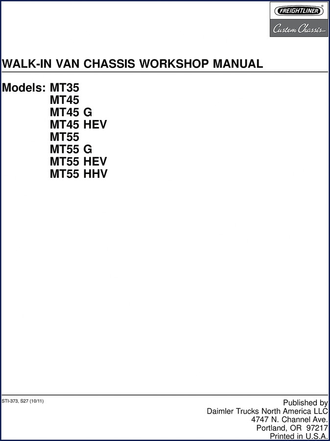 Freightliner MT55 workshop manual cover page for Walk-In Van Chassis models including MT35 MT45 MT55
