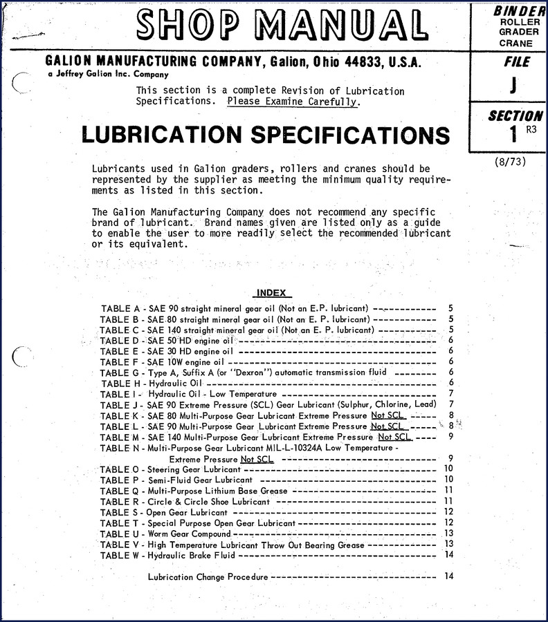 Galion 503, 160, T-500, T-600, T-700 1973 Workshop Manual cover page