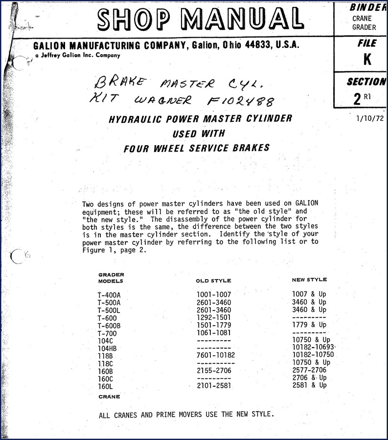 Galion T-400A T-500A T-500L T-600 T-600B 1972 workshop manual cover page