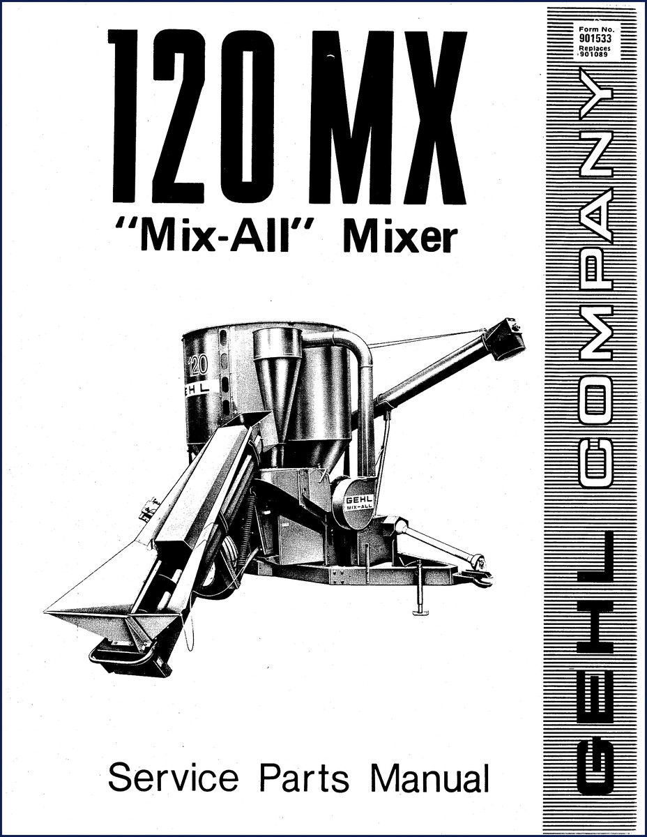 GEHL 120 Mix-All Parts Catalog cover showing Mix-All mixer and table of contents