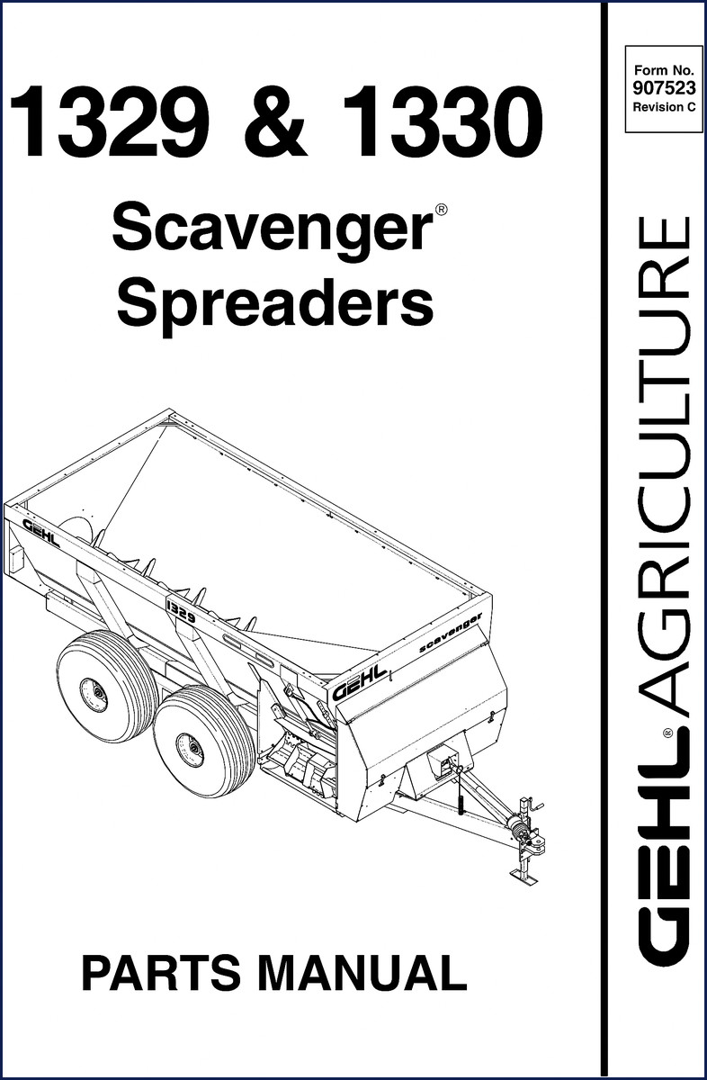 GEHL 1329 1330 Parts Catalog cover – factory OEM spec sheet for scavenger spreaders