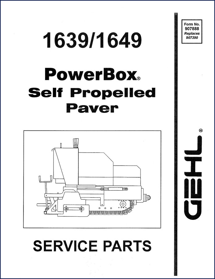 GEHL 1639, 1649 PowerBox Paver Parts Catalog cover showing unit on construction site