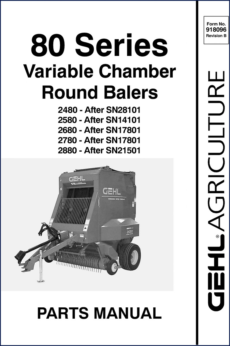 GEHL 2880 parts catalog cover showing variable chamber round baler 80 series manual