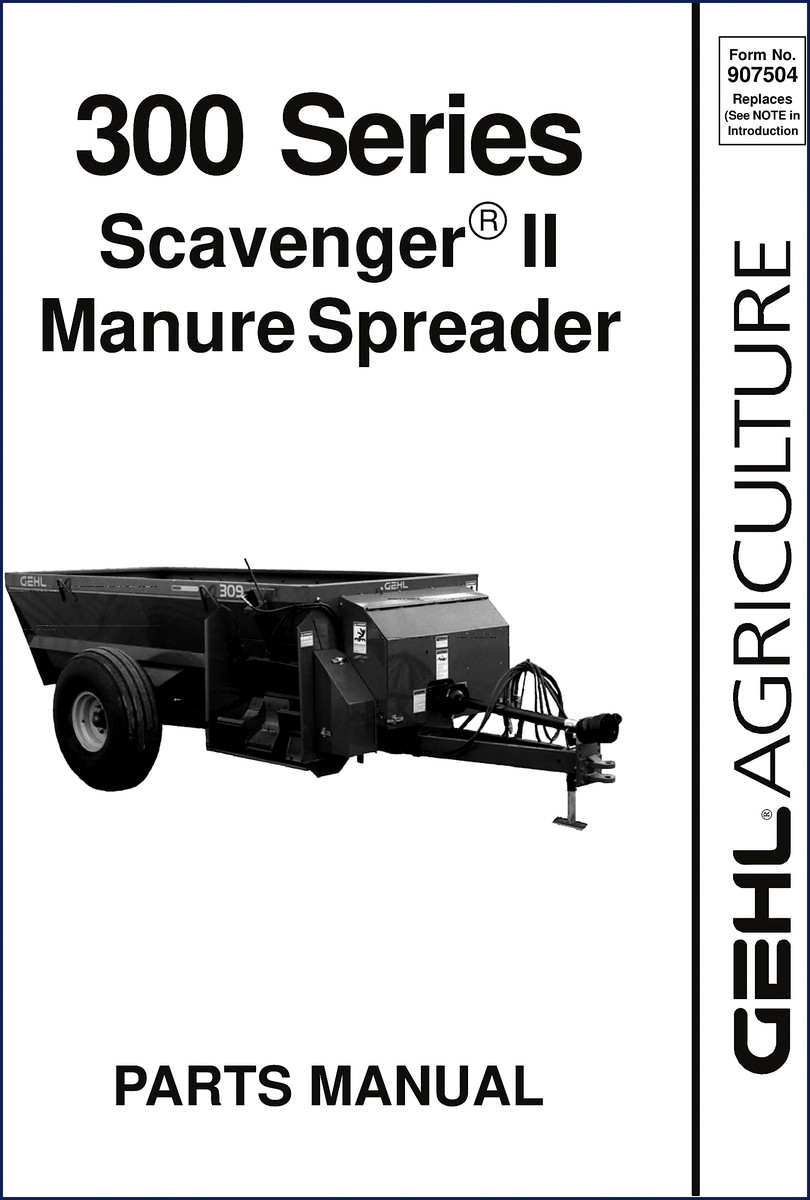 GEHL 309 Parts Catalog – OEM factory manual for Scavenger II manure spreader, showing decal locations page and input shaft assembly