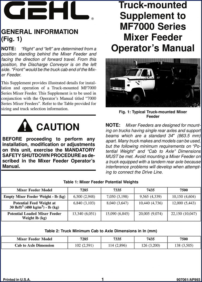 GEHL 7285 7335 7435 7500 Installation Manual factory cover page