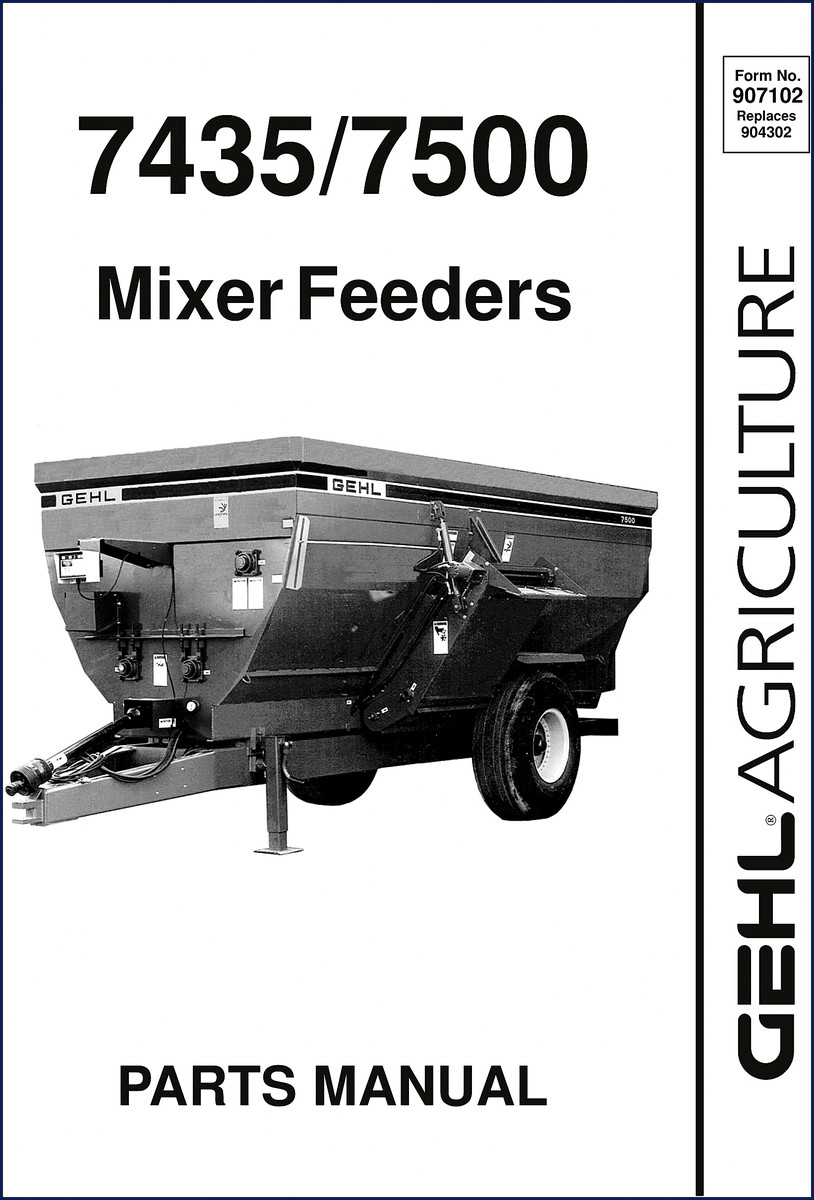GEHL 7435 and 7500 Mixer Feeders Parts Catalog cover page showing model numbers and factory manual layout