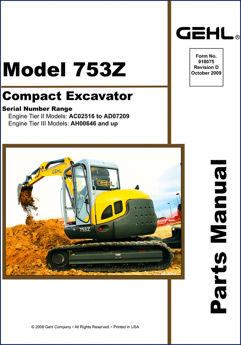 GEHL 753Z 2009 Parts Catalog cover showing compact excavator and part diagrams