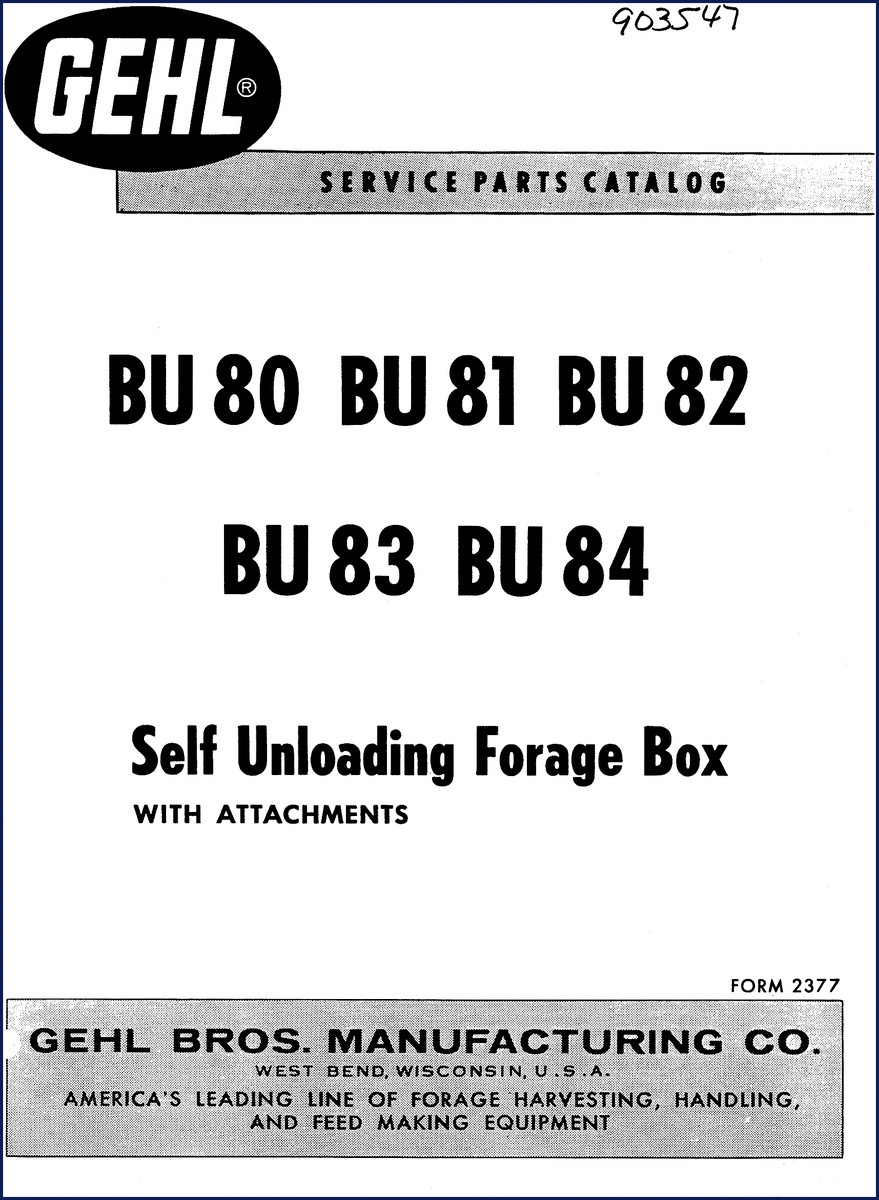 GEHL BU 80-BU 84 Parts Catalog cover showing forage box diagram